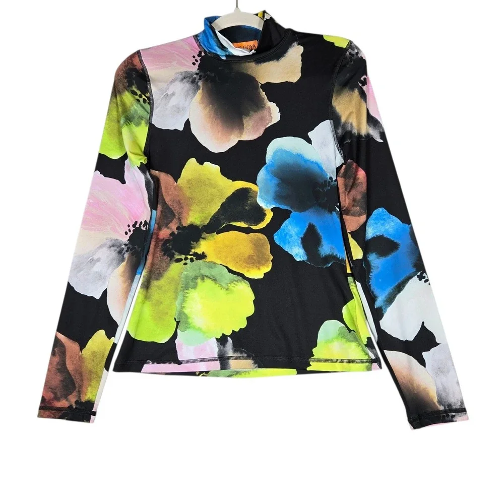 Stine Goya Estelle Stocking Jersey M/L Watercolor Bloom Turtleneck Top Black - Picture 1 of 9